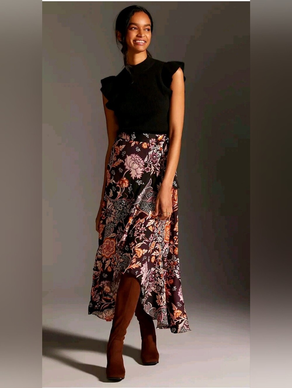Anthropologie Fall  Floral High-Low Midi Skirt in Burgundy and Pink